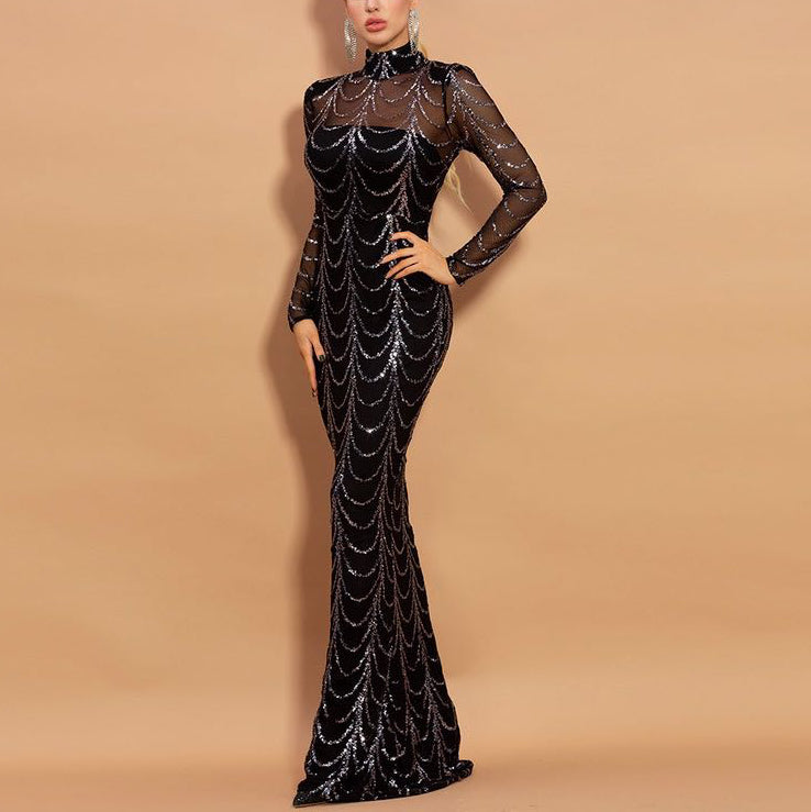 Sequins Women Maxi Dresses Long Sleeve Female Party Dresses