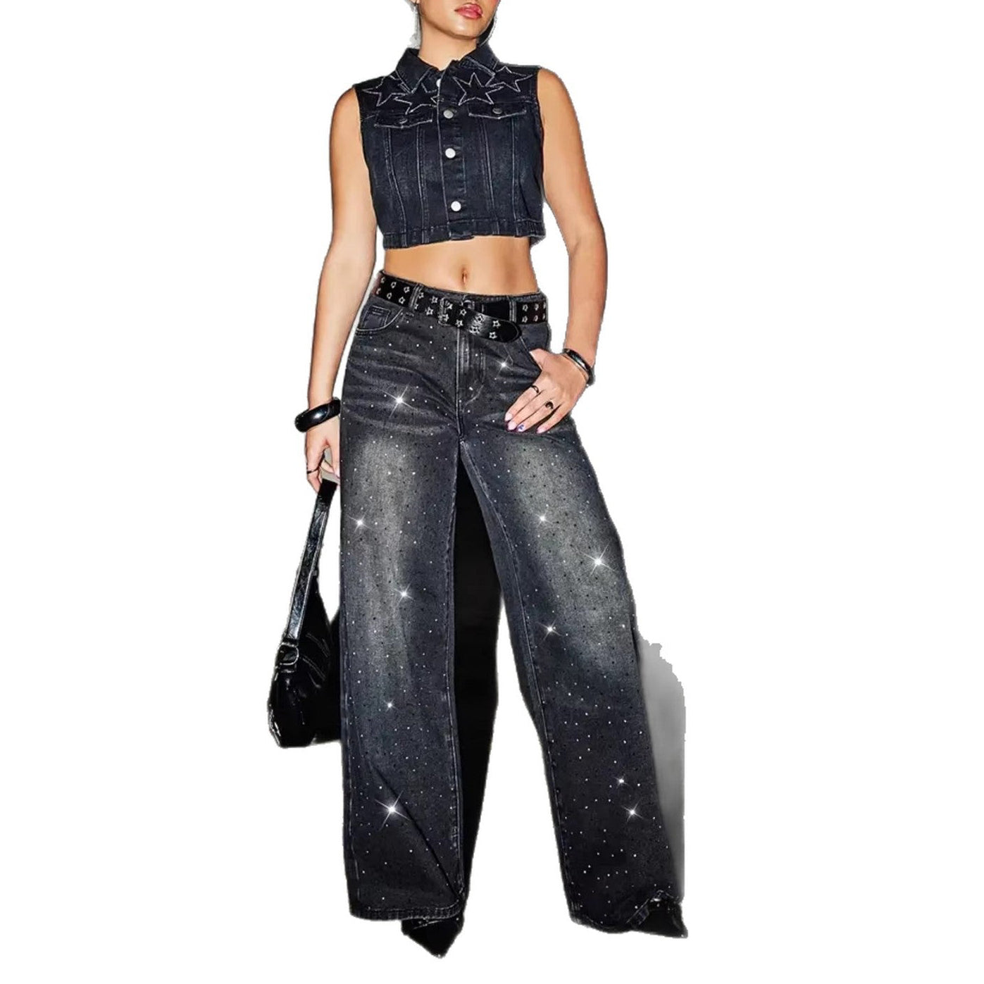 Ridzzz Rhinestone Wide-Leg Denim Jeans for Women – Streetwear Fit